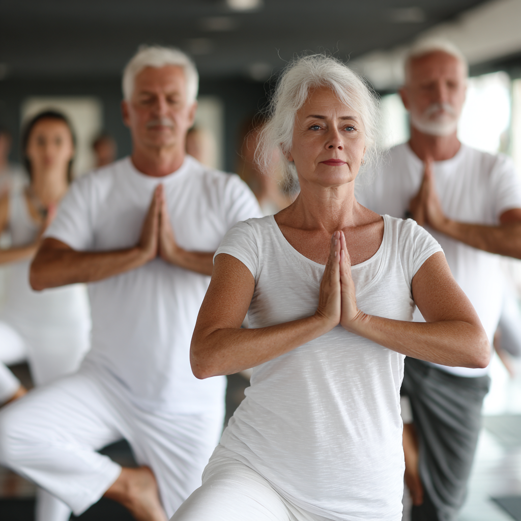 Group of adults practicing mindful yoga together